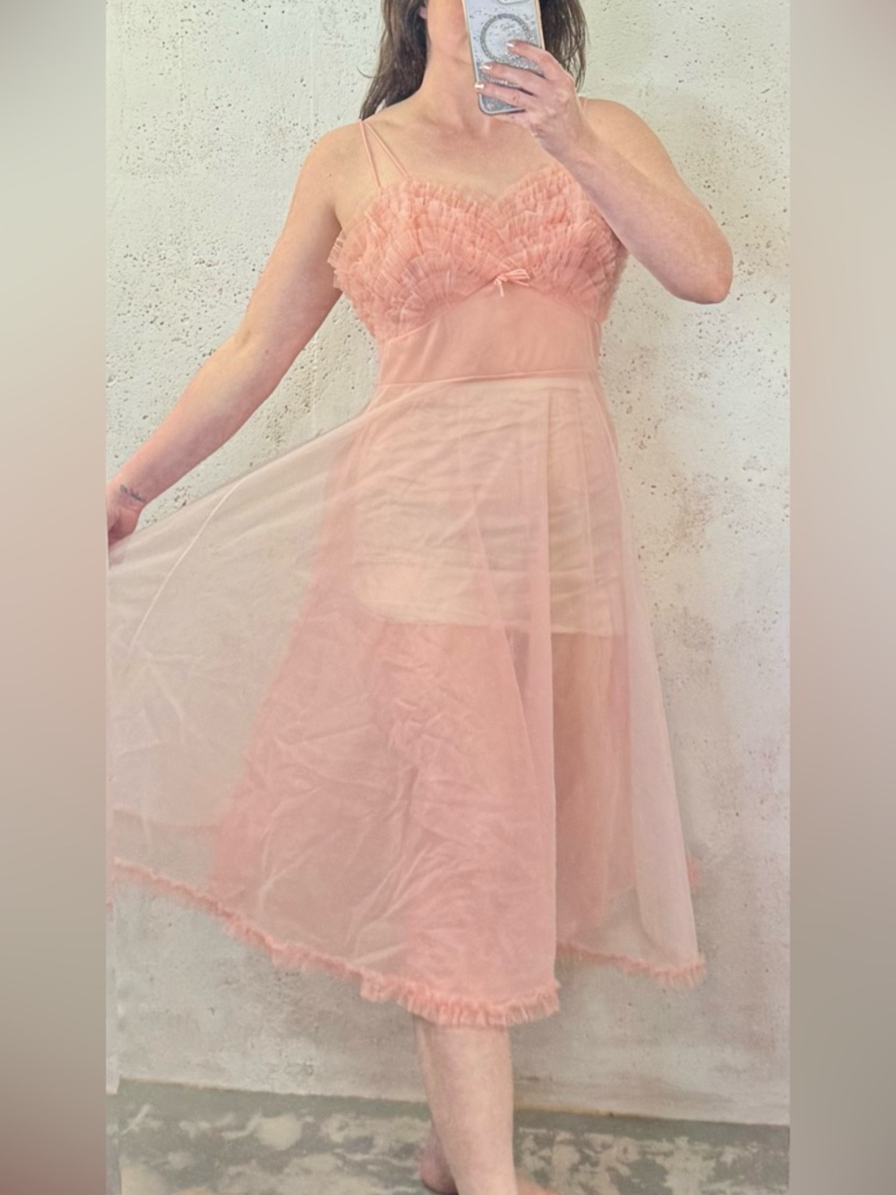 Vintage Gotham Gold Stripe Nightgown Sheer Ruffle Midi Dress 1950s Blush Pink
